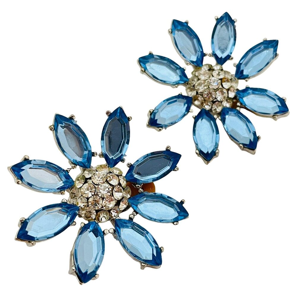 CARALINA signed silver blue rhinestones flowers designer runway clip on earrings